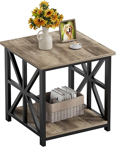 GreenForest End Table with 2-Tier Storage Shelf, 24 inch Large Side Table for Living Room,Modern Nightstand for Bedroom Bedside Office Farmhouse, Grey Wash