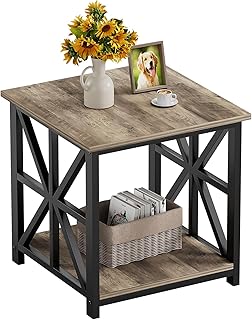 GreenForest End Table with 2-Tier Storage Shelf, 24 inch Large Side Table for Living Room,Modern Nightstand for Bedroom Bedside Office Farmhouse, Grey Wash