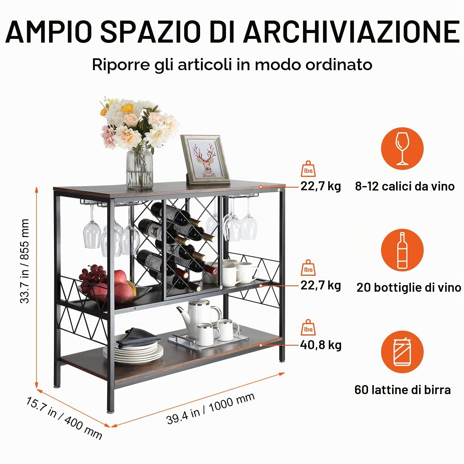 VEVOR Mobile Bar Industriale da 40 Pollici, Tavolo da Vino per Liquori e Bicchieri, Porta Bicchieri e Portabottiglie, Mobile da Bar Indipendente in Legno Casa