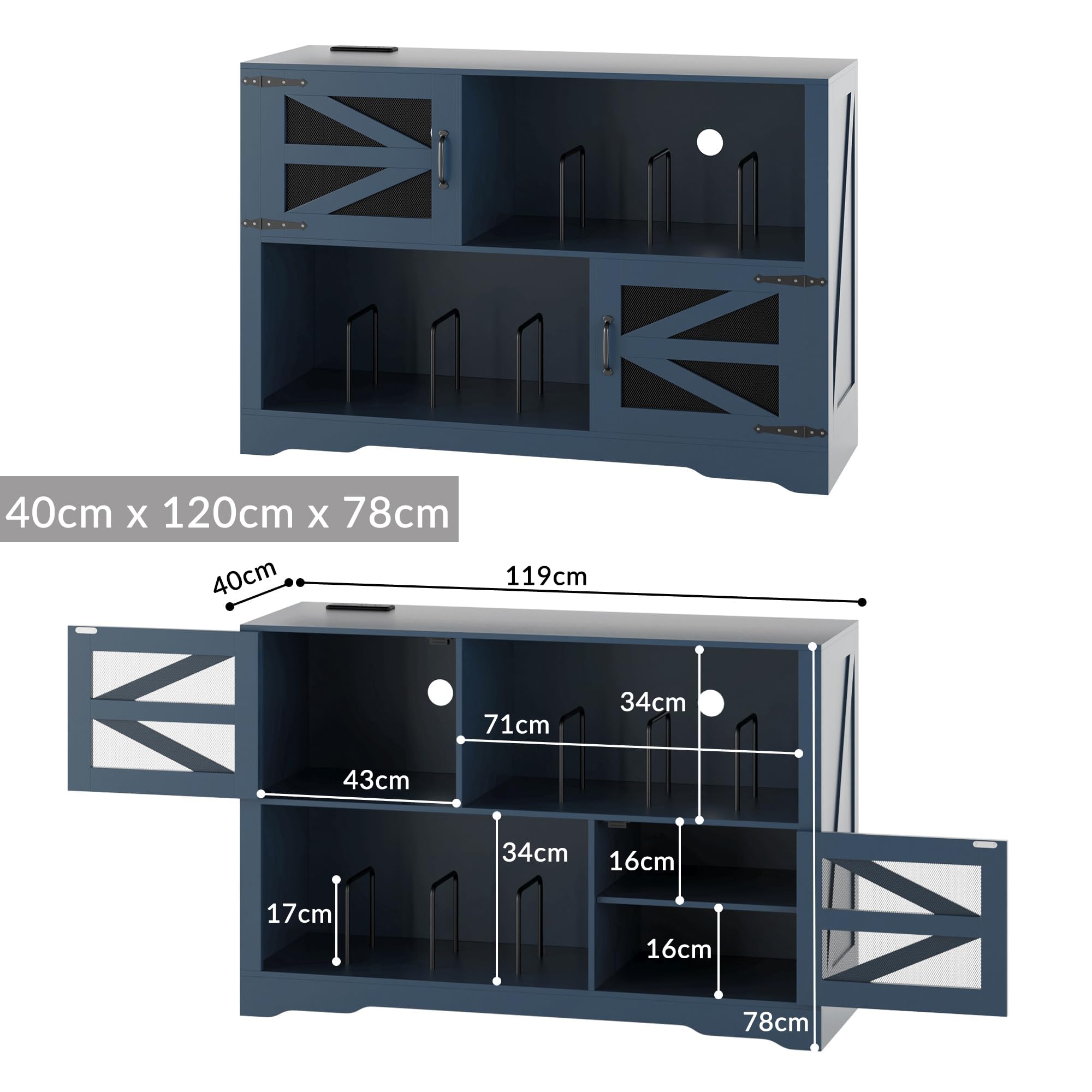 120 * 40 * 79cm MDF Vinyl Schallplattenständer ，Echtholz-Optik Ständer für bis zu 500, 2× Steckdose & 2× USB, Umfallschutz, Kompaktes Sideboard für Wohnzimmer & Plattenspieler (Blau)