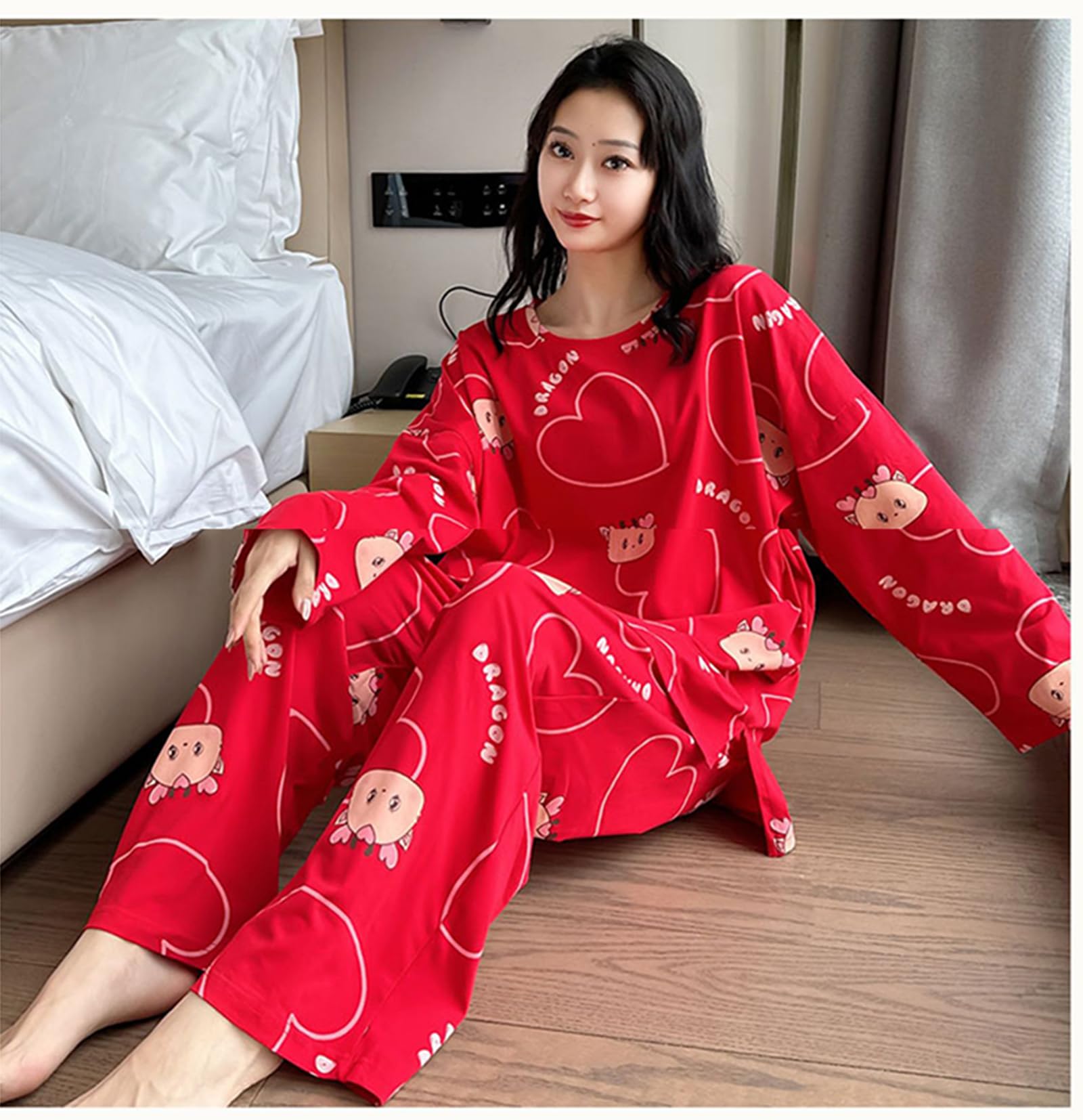 Pijama de algodón Conjunto,2 Piezas de Ajuste Flojo de Manga Larga Ropa de Dormir Loungewear Pjs Set 4XL/ 5XL