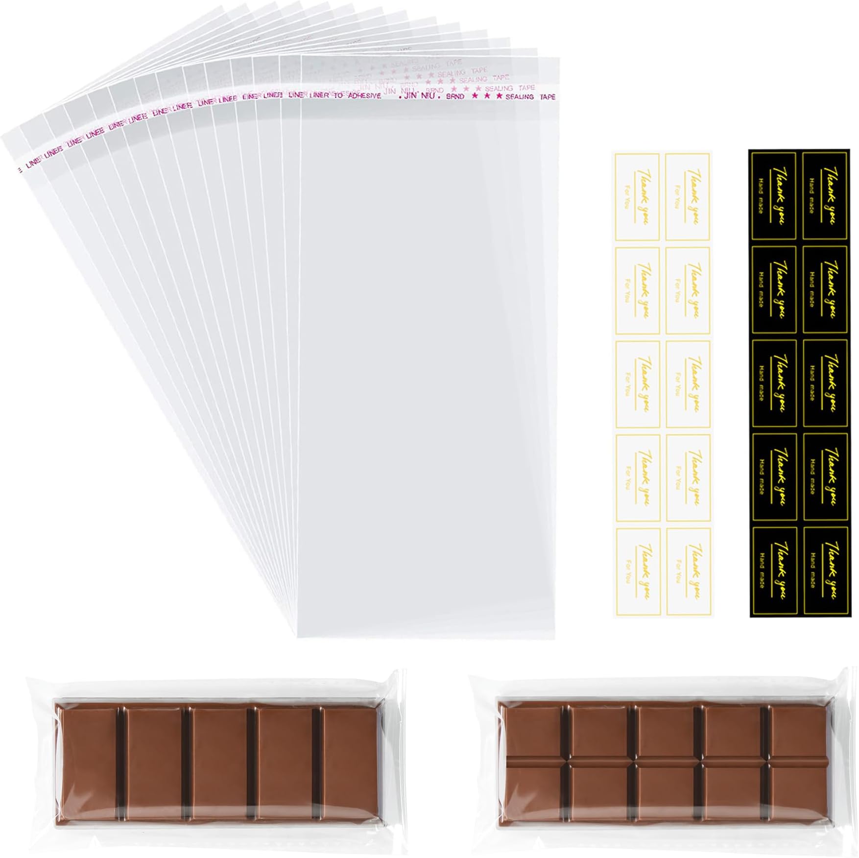 100 Pcs Knafeh Pistachio Chocolate Wrappers with 100 Pcs Thank You Stickers - 2.5 x 7.1 Inch Candy Packaging - Self Adhesive Small Plastic Wax Melt Snap Bar Bags