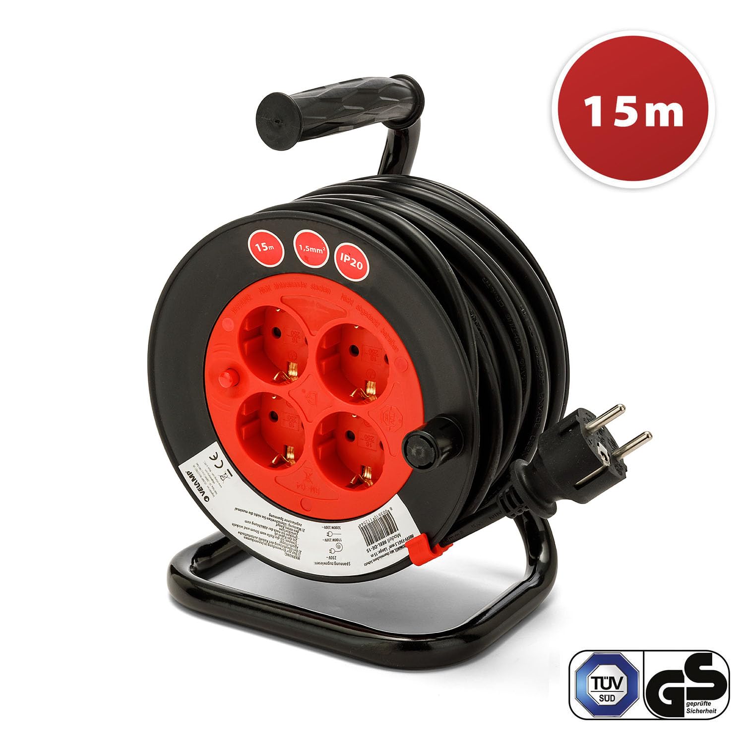 Carrete de cable DIY 4 enchufes estándar Schuko, cable H05VV-F3G1.5MM2, 15M, CE