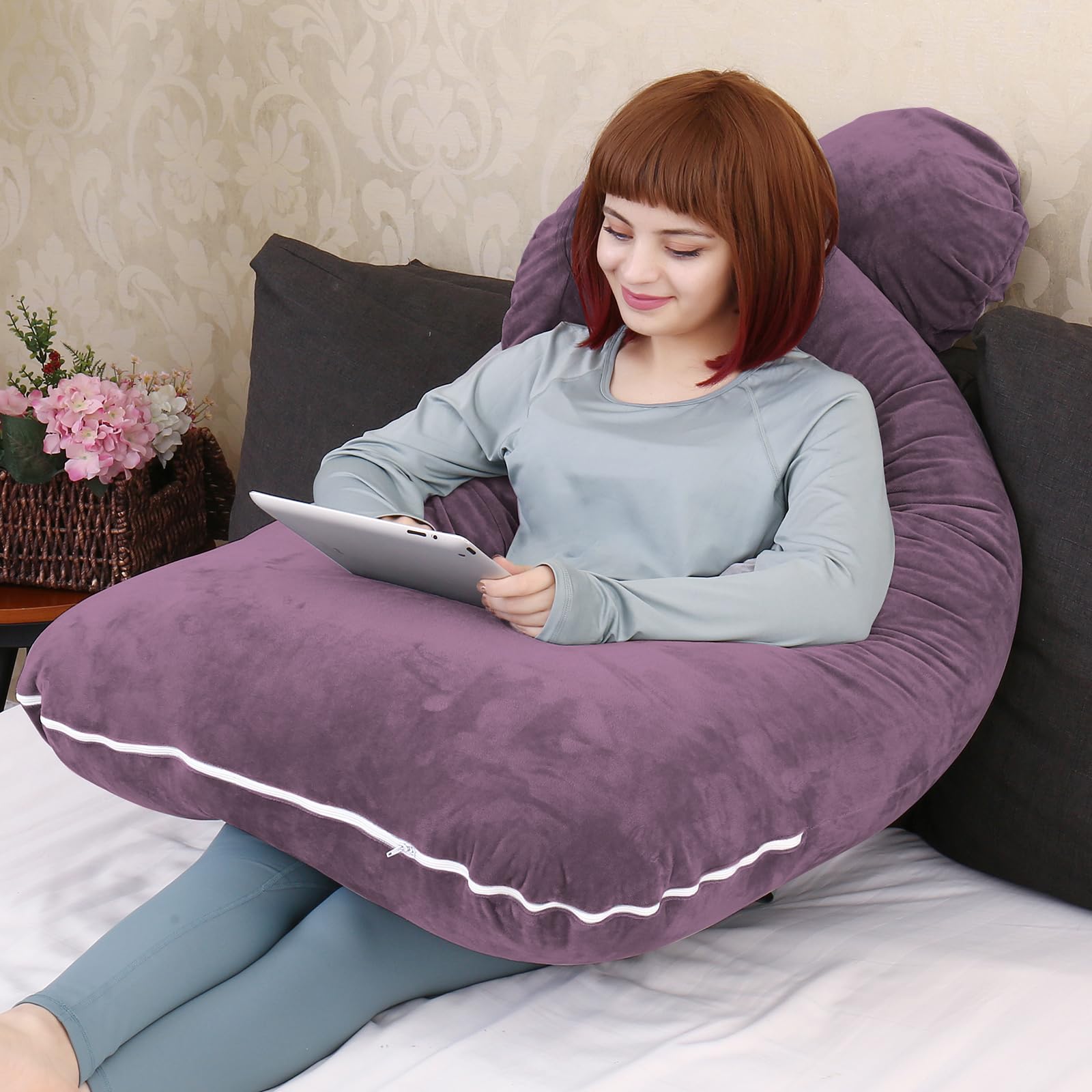 Cojín de embarazo en forma de U para dormir con forma de U, puede apoyar la espalda, los glúteos y las piernas de las mujeres embarazadas (morado)