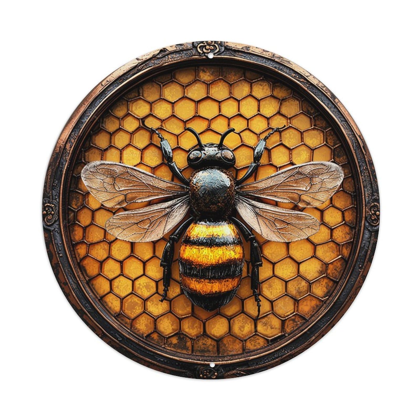 Honeycomb Bee Pattern Artwork Design Vintage Round Tin Sign Retro Metal Wall Decor Metal Poster, Home Bar Garage Cafe Wall Art Decoration 8x8Inches