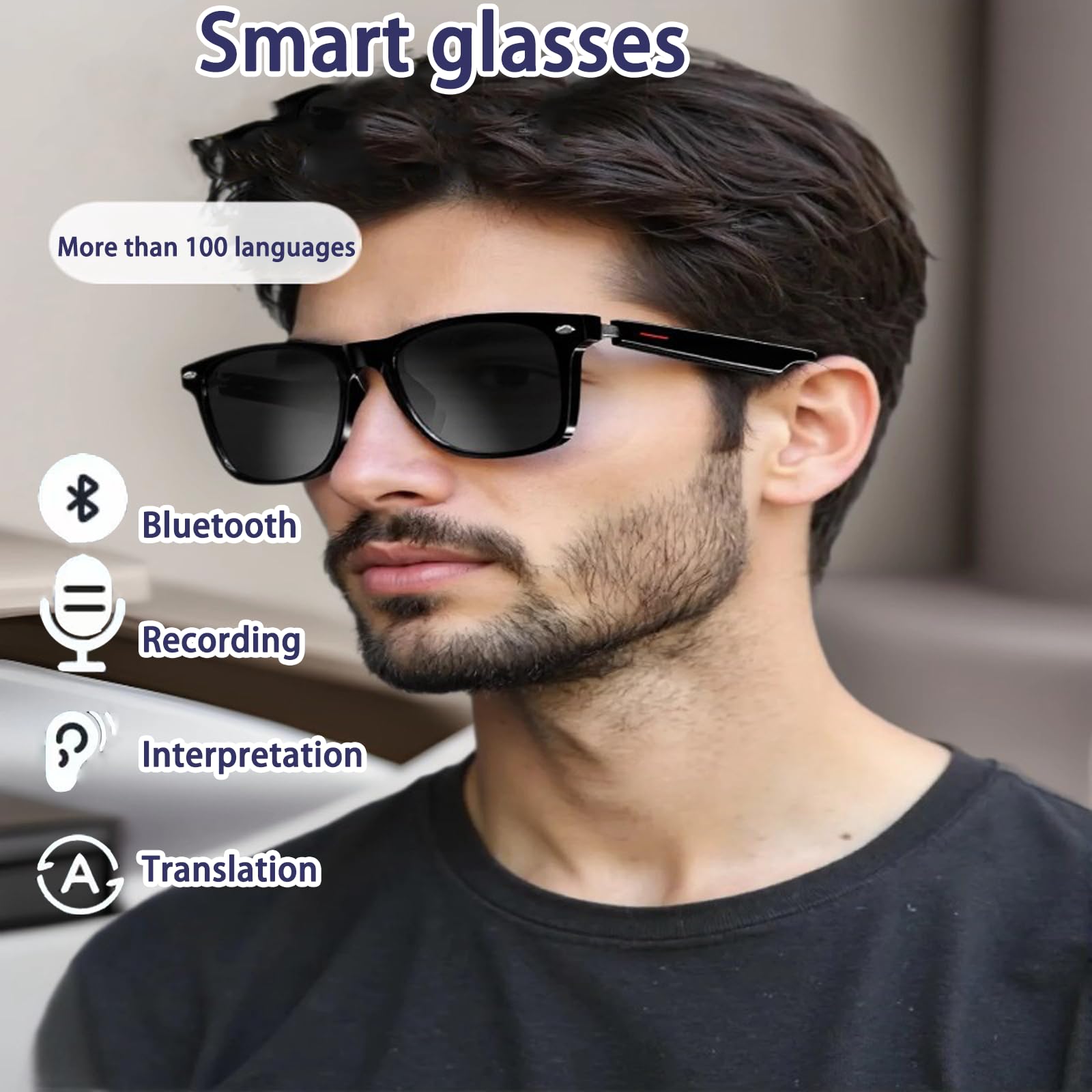 CACCVC Smart Glasses with AI, Bluetooth Glasses with 110+ Translation,2 PCS Smart Glasses for Men&Woman,Multifunctional Bluetooth Glasses for Men (Black)
