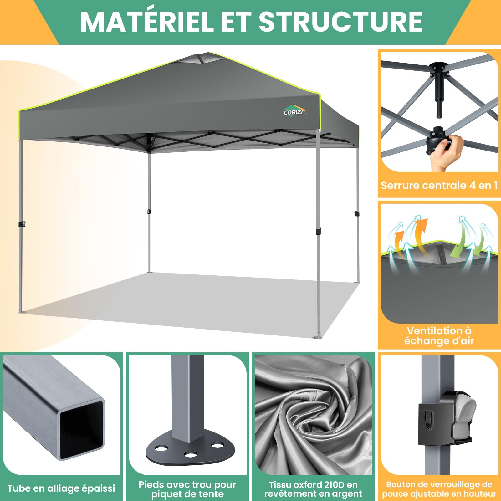 COBIZI Pavillon 3x3 Faltpavillon wasserdicht Winterfest, EIN-Tasten-Zentralverriegelung Partyzelt Faltbar Anti-UV mit Fluoreszierenden Streifen, 4 Seitenwänden, 3 Höhenverstellbar,Gartenzelt, Grau | Ein-Knopf-Zentralverriegelung, 4 SeitenwäNde, UV-Schutz,