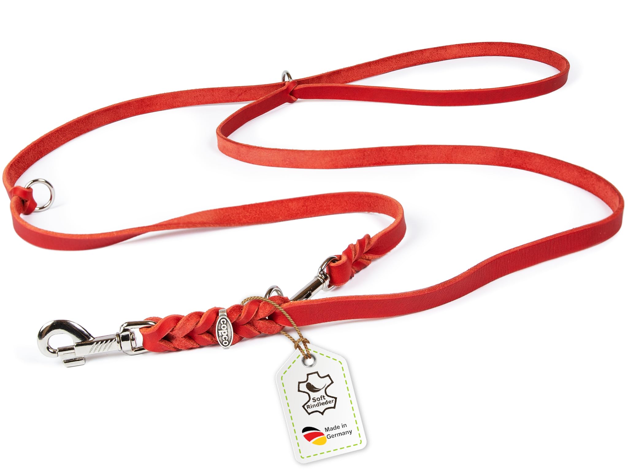 CopcoPet Guinzaglio in pelle grassa per cani – Guinzaglio regolabile in 3 posizioni in morbida pelle con moschettoni e raccordi in cromo – Guinzaglio intrecciato 100% realizzato a mano in Germania