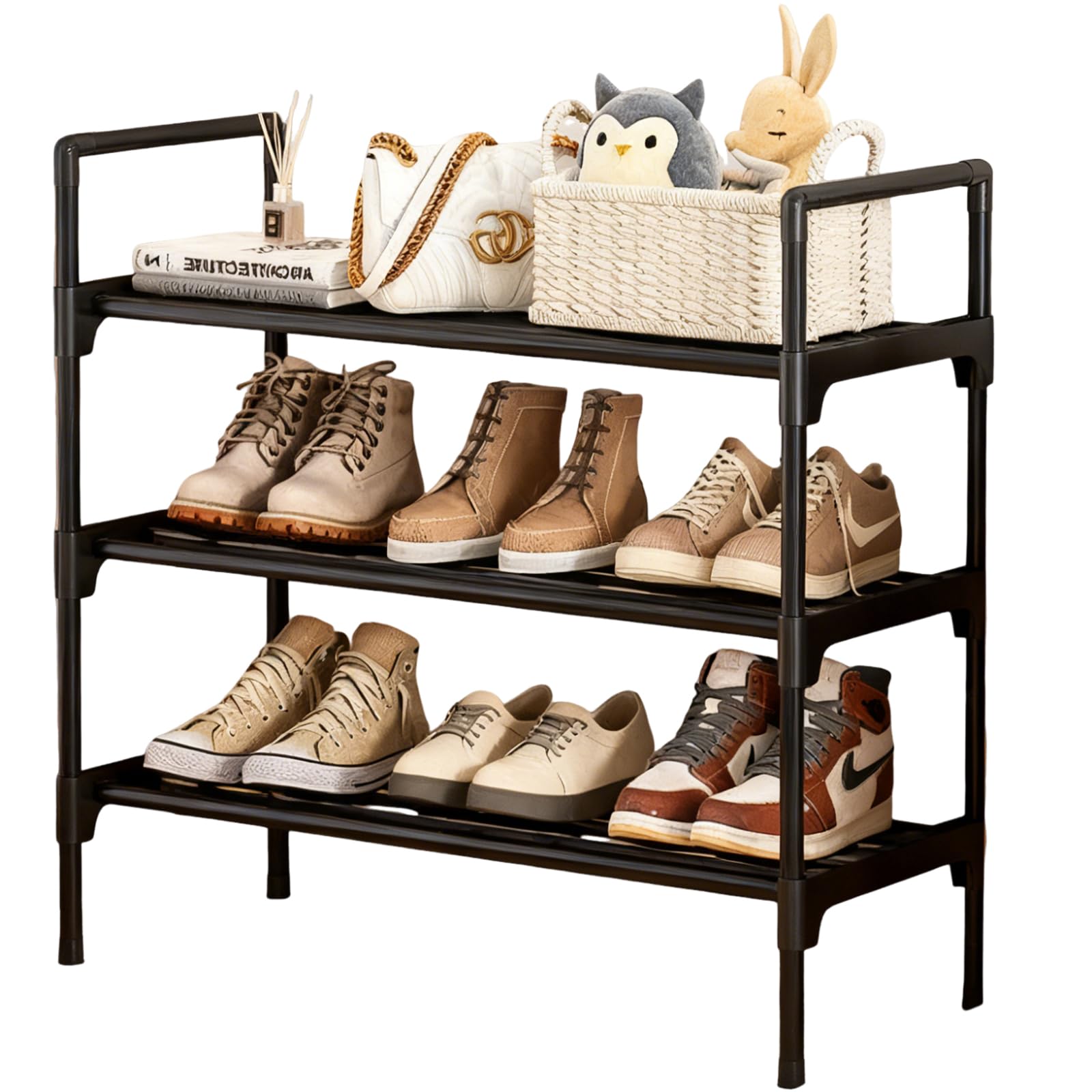 HZXYchen Shoe Rack 3-Tier, Metal Stackable Shoe Storage Organiser Holder with Anti-Tip Design, Space-Saving Freestanding Shelf for Hallway, Bedroom, Closet,Entryway, Garage, Holds 9 Pairs(Black)