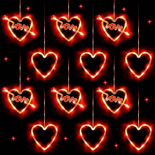 Amylove Paquete de 12 luces para el día de San Valentín, luces de corazón, luces de ventana para el día de San Valentín, decoraciones con
