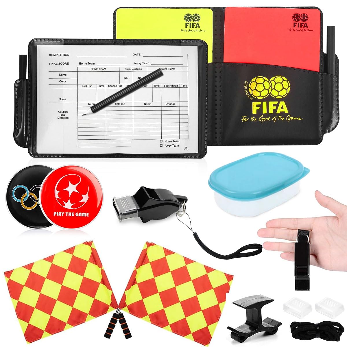 Kit Arbitro Calcio Completo - 2 Fischietti Metallici, Cartellini Giallo/Rosso, Gettone E Fascette Capitano - Foto 3