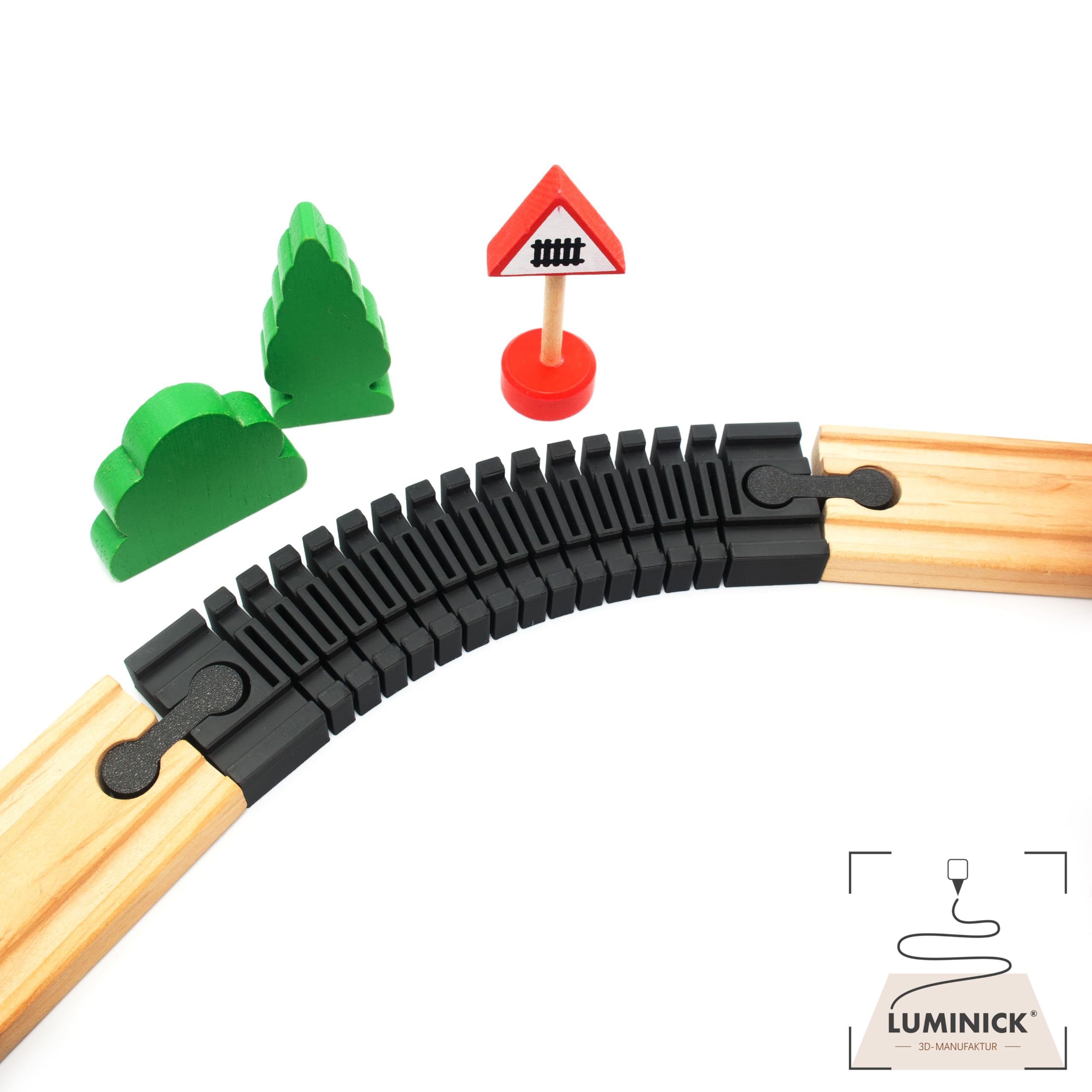 Szyna elastyczna – krzywa do 90° do drewnianych kolejek, kompatybilna z Brio, Eichhorn, IKEA Lillabo, łącznik szyny, elastyczna szyna, długość 16 cm, w zestawie adapter, pasuje zawsze (1 opakowanie)