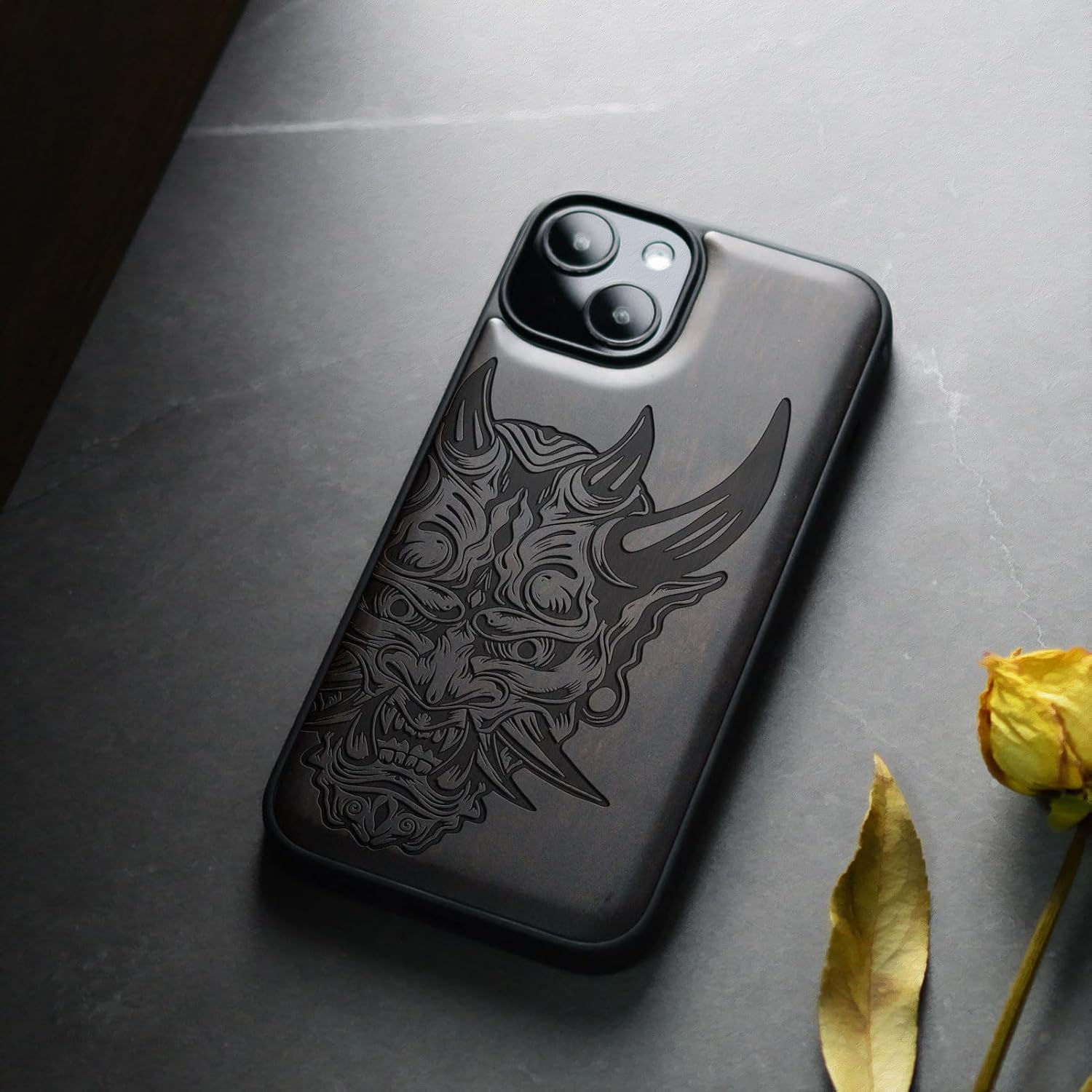 Carveit Magnetic Wood Case for iPhone 14 Case [Natural Wood & Black Soft TPU] Unique & Classy Wooden Shockproof Protective Cover Compatible with magsafe (Japanese Oni Mask -Blackwood)