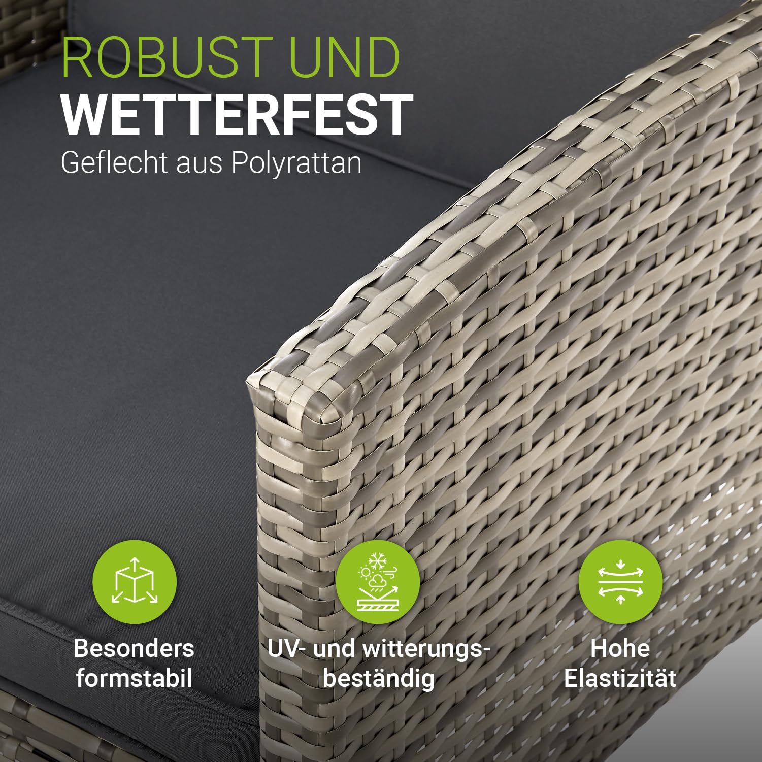 Juskys Gartenmöbel Set Polyrattan 6-teilig – Lounge Möbel Turin für 7 Personen mit Sesseln, Hockern, Tisch & Kissen, wetterfeste Balkonmöbel Sitzgruppe – Grau meliert