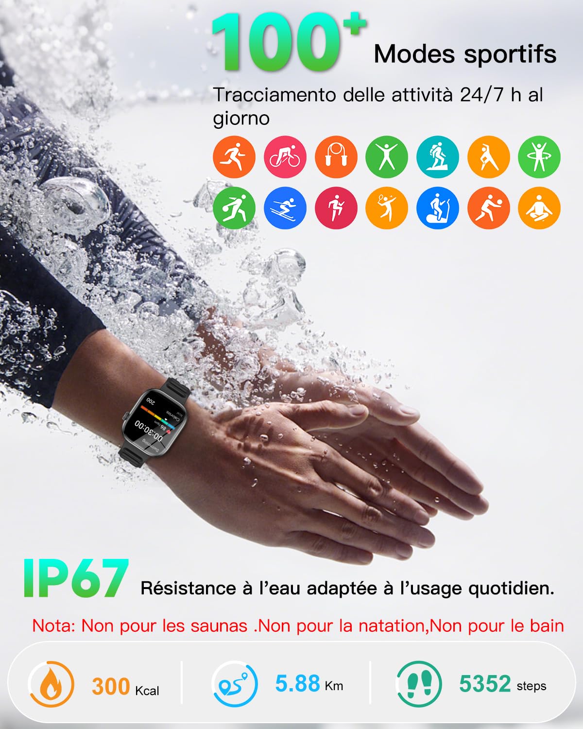 Marsyu Montre Connectée–Appels Bluetooth, Sport, Surveillance de la Santé | 1,83" HD Appels Notifications Musique. Suivi santé : fréquence cardiaque, SpO₂, sommeil et respiration, 100+ modes sportifs