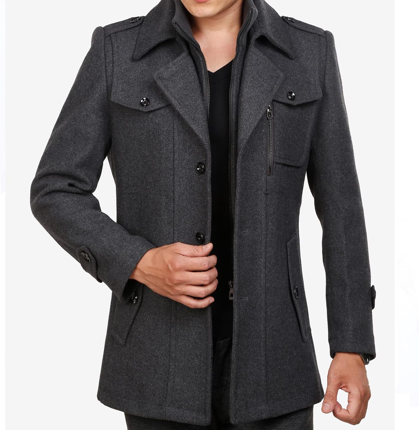 INVACHI Men's Wool Blend Coat Warm Winter Trench Coat with Detachable Soft Scarf Single Breasted Pea Coat - Image 2