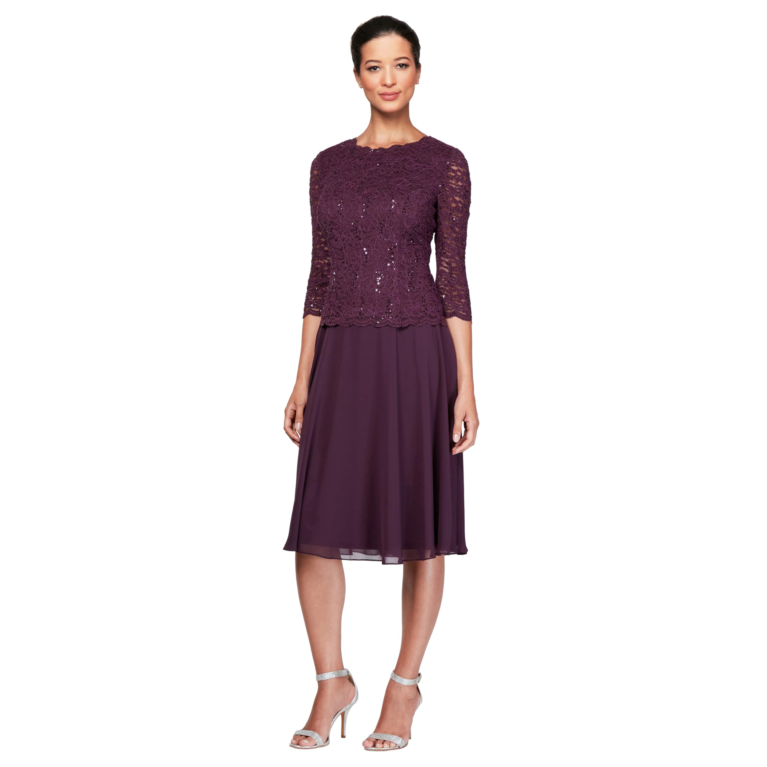 Alex Evenings Women's Tea Length Sequin Mock Dress (Petite and Regular) Special Occasion, Deep Plum, 16