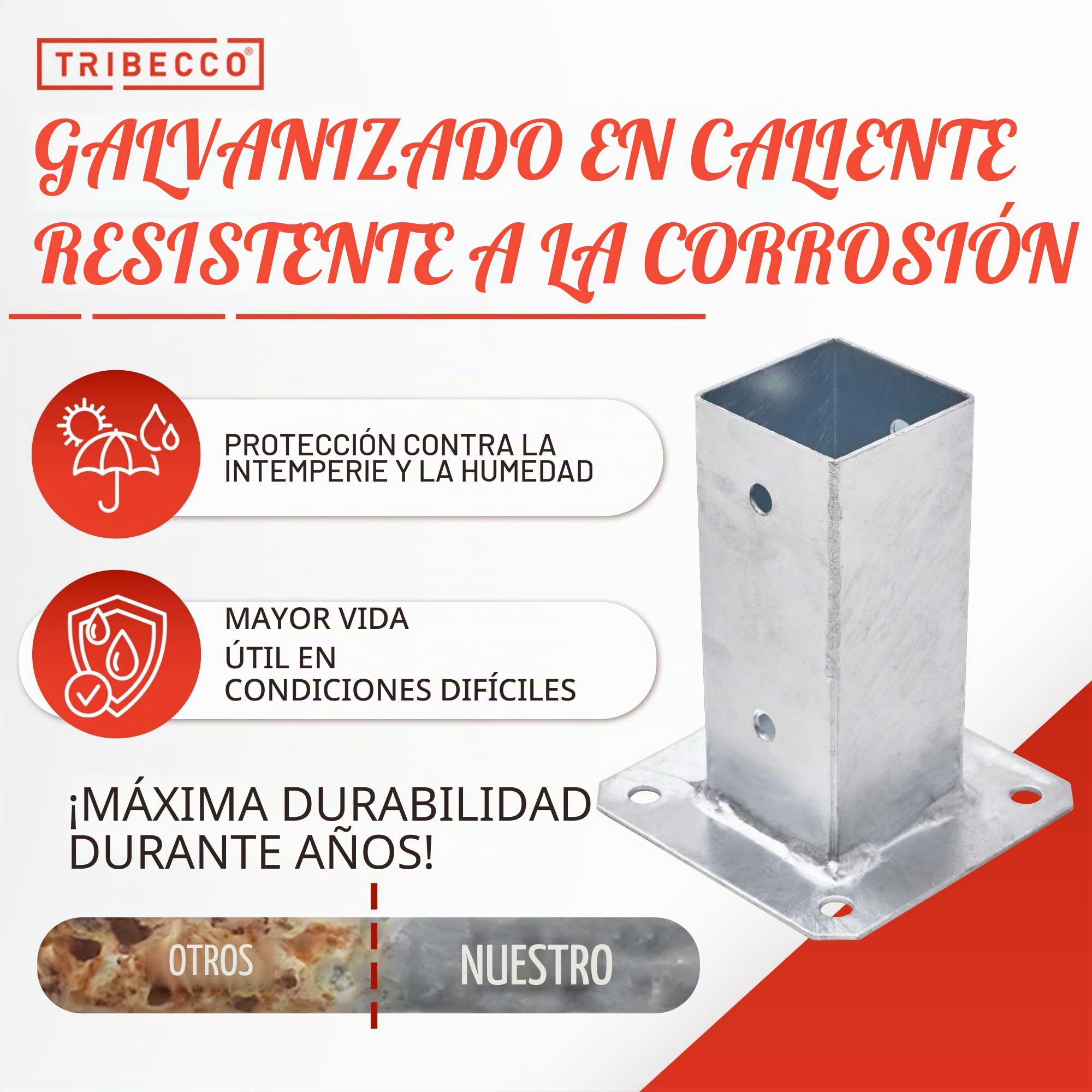 TRIBECCO® Casquillo atornillable para postes de madera cuadrados, galvanizado en caliente, 160 x 160 mm, casquillo de suelo, soporte para vallas, placa de suelo, fijación