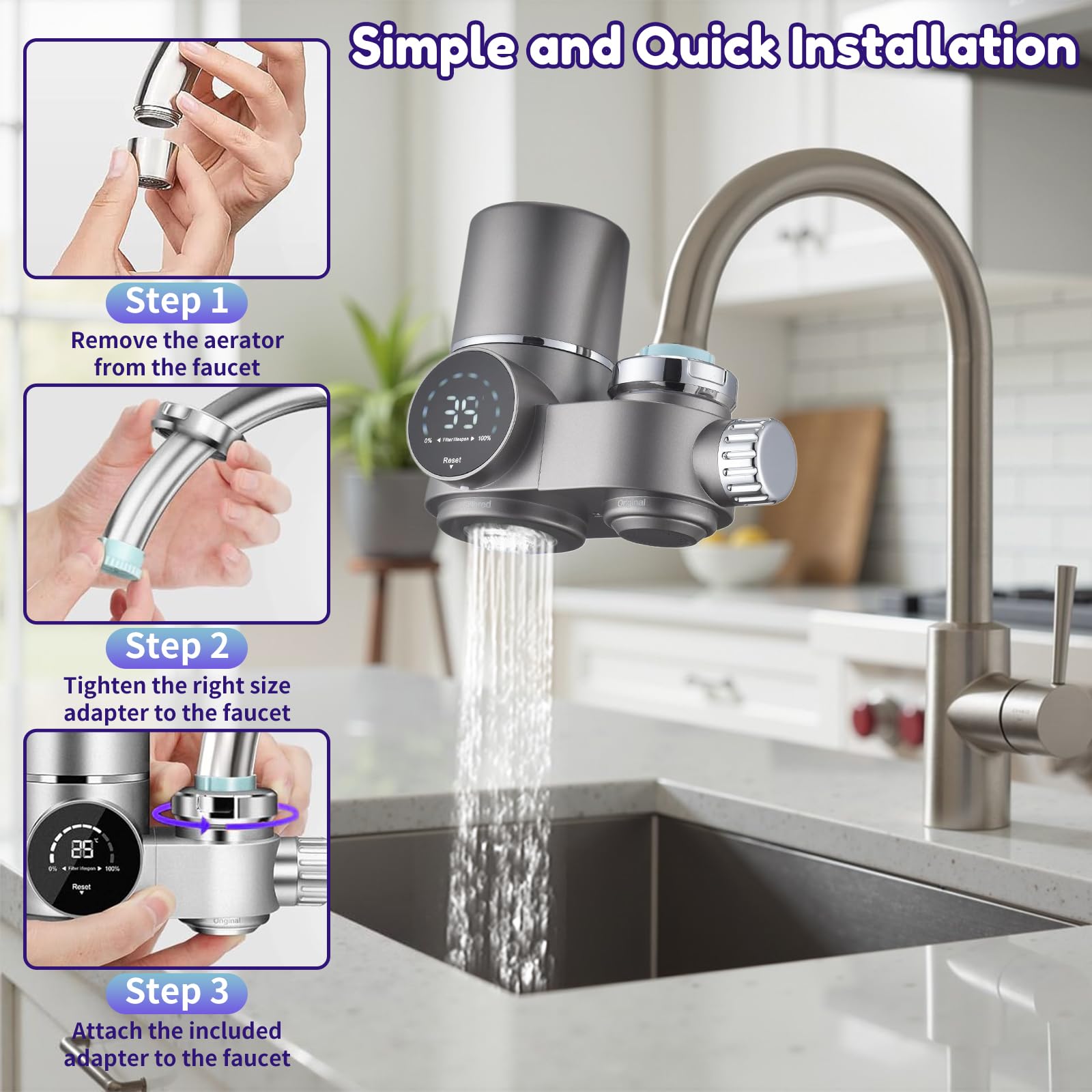 Filtro De Agua para Grifo con Pantalla Led, Indicador De Temperatura Y Vida del Cartucho, Luz UV Azul, Doble Cartucho Filtrante, 6 Adaptadores, Purificador para Cocina 15-25mm Silver