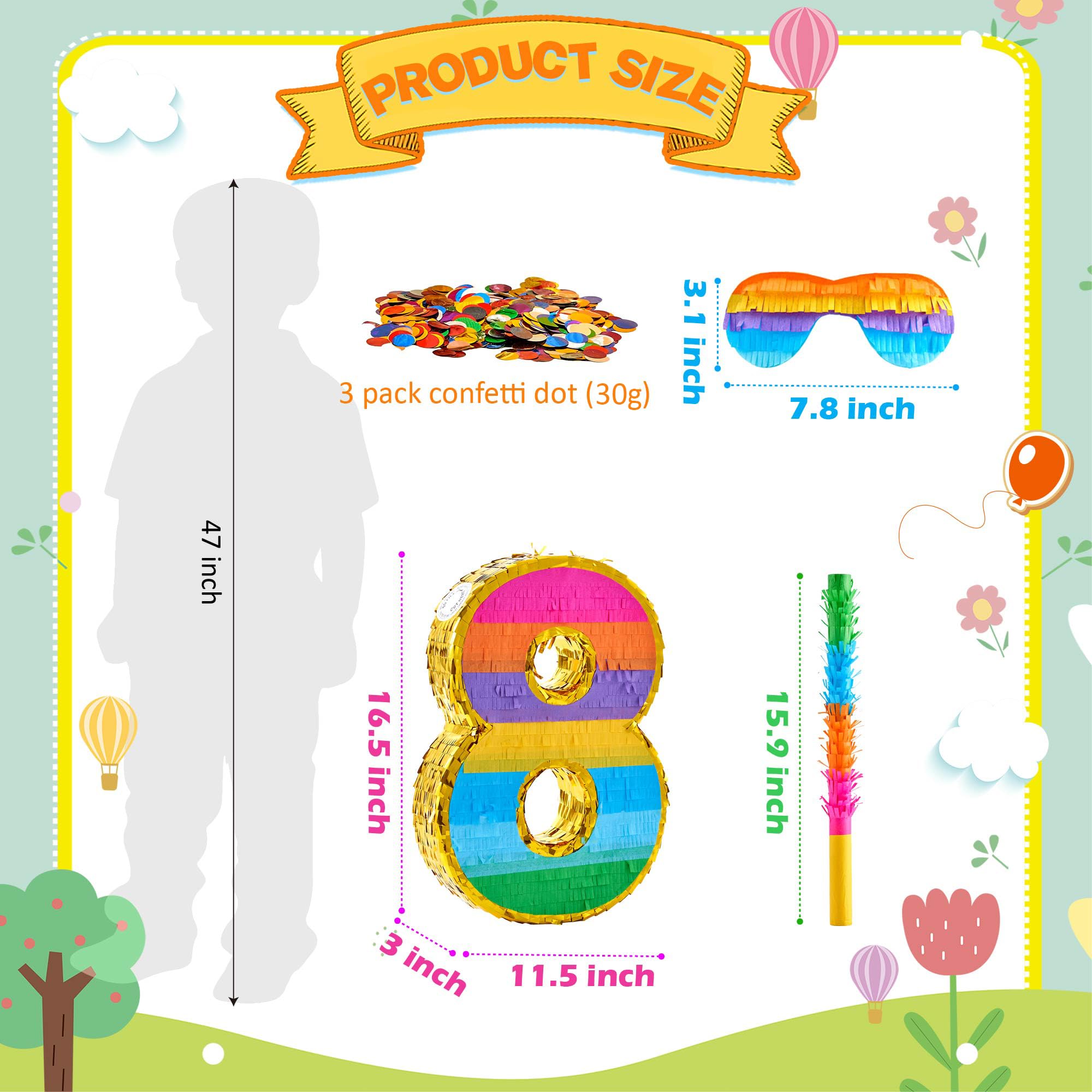 Rainbow Number 8 Pinata for 8th Birthday Party Decorations, Fiesta, Kids Anniversary Celebration, Birthday Pinata with Stick, Blindfold and Confetti (Small, 16.5 x 11.5 x 3 In)