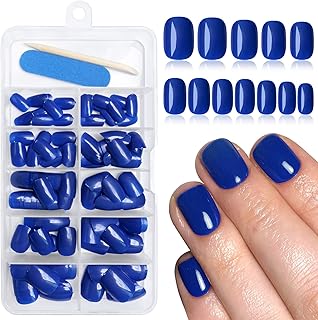 120PC Blue Square Press on Nails Short Fake Nails Press ons with Adhesive Tabs, 12 Sizes Square Nails Tips Short Acrylic Nails Press on Nails Petite Stick on Nails Artificial Fingernails