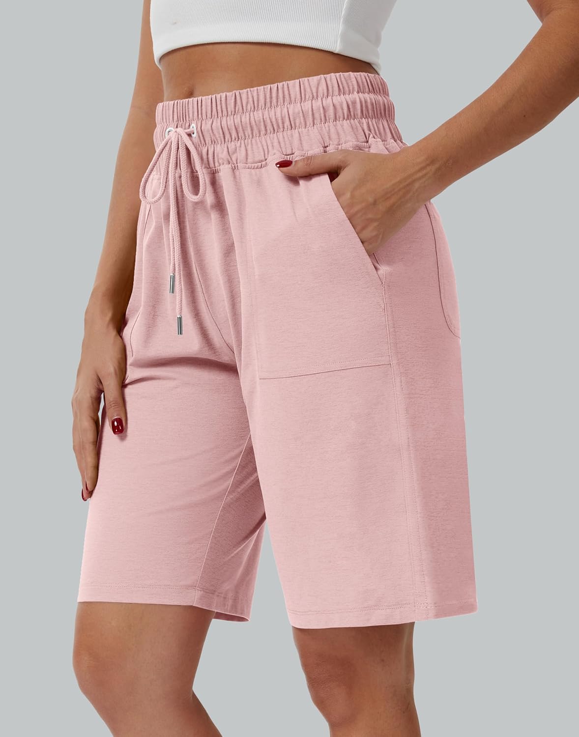 Women's Bermuda Shorts 10" Long High Waisted Comfy Jersey Knee Length Shorts with Pockets for Athletic Casual Wear - Image 2