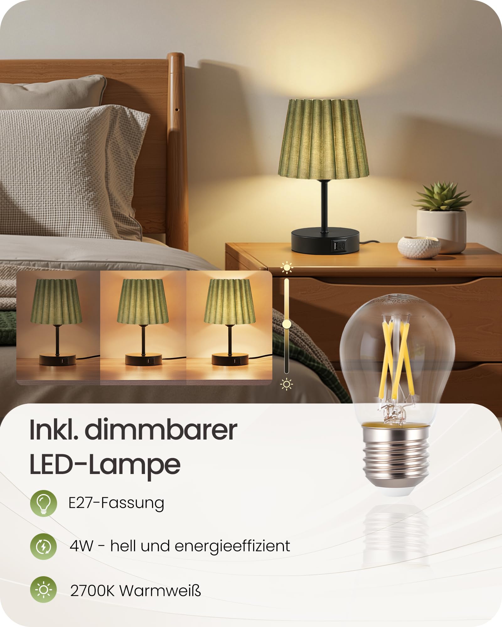 Nachttischlampen 2er Set Touch Dimmbar mit USB Ladefunktion