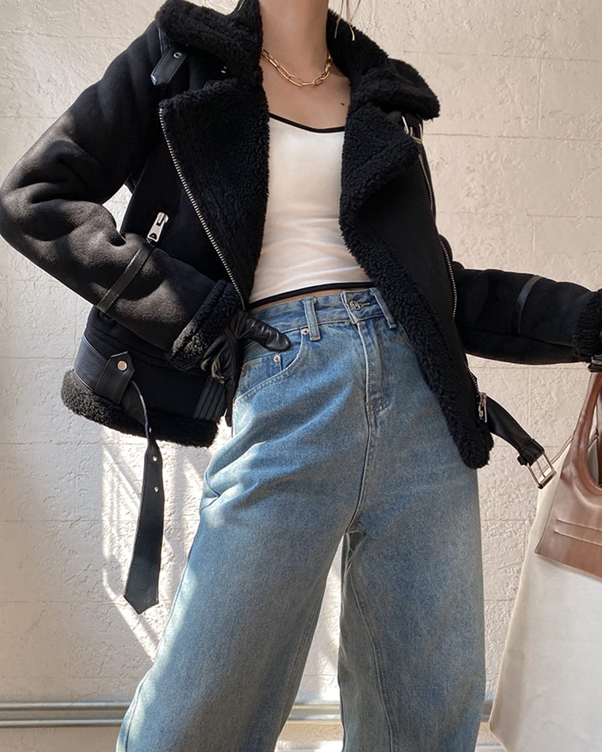 LY VAREY LIN Women's Faux Shearing Moto Jacket Thick Lined Parka Winter Shearling Coat Leather Jacket