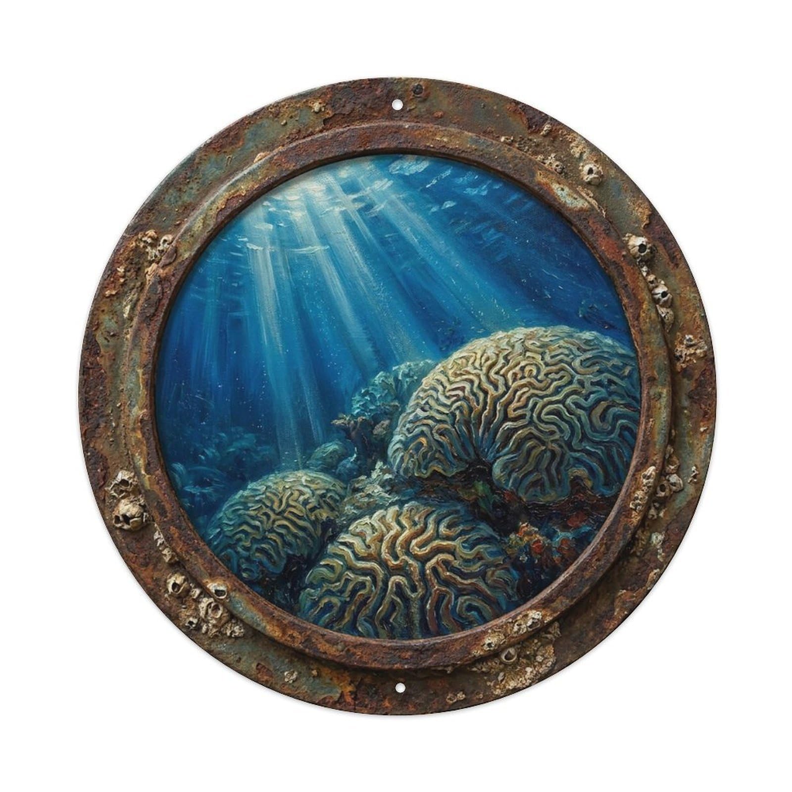 Vintage Porthole Brain Coral Maze Ship Window Under Deep Metal Tin Sign