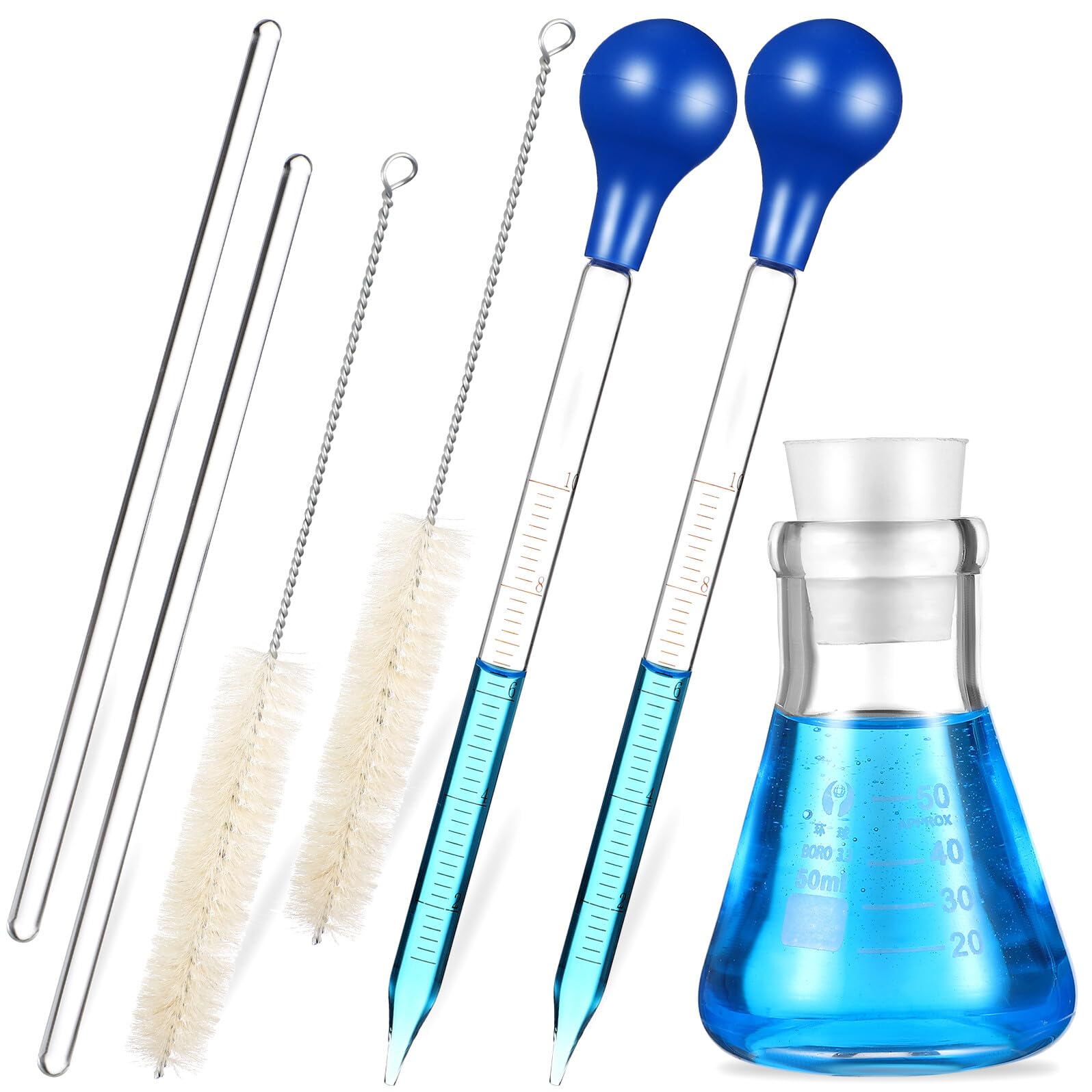 Beuta Erlenmeyer con Scala 50 Ml in Vetro, Set 1 Pezzo | Pipetta 10 Ml e Bacchetta di Agitazione, Base Tonda Stabile, Spazzola per Pulizia Inclusa