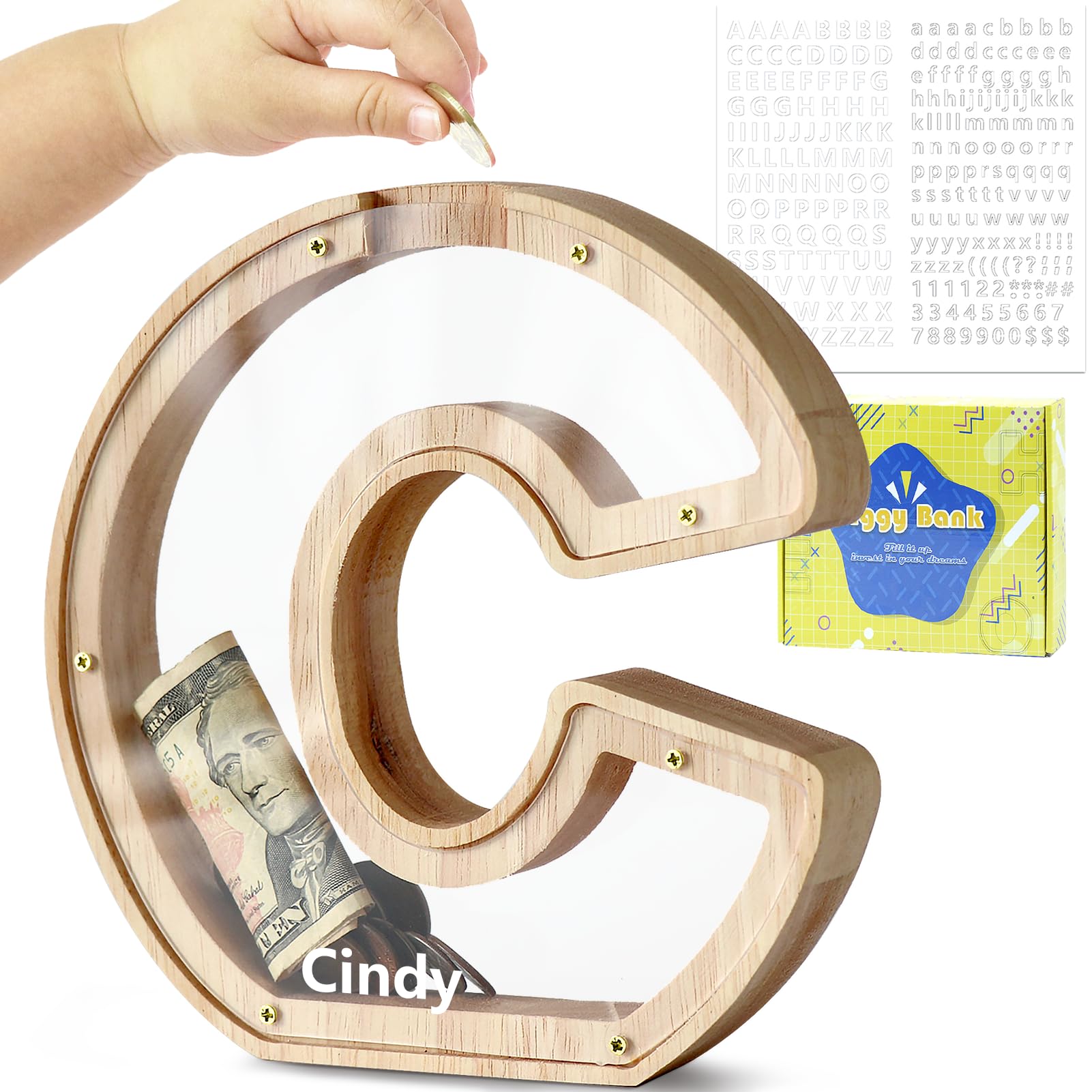 Dbpbtou Boys C Money Box For Kids Piggy Bank, Personalised Wooden Letter Money Box For Birthday Gift/Home Decoration/Keepsake (C)