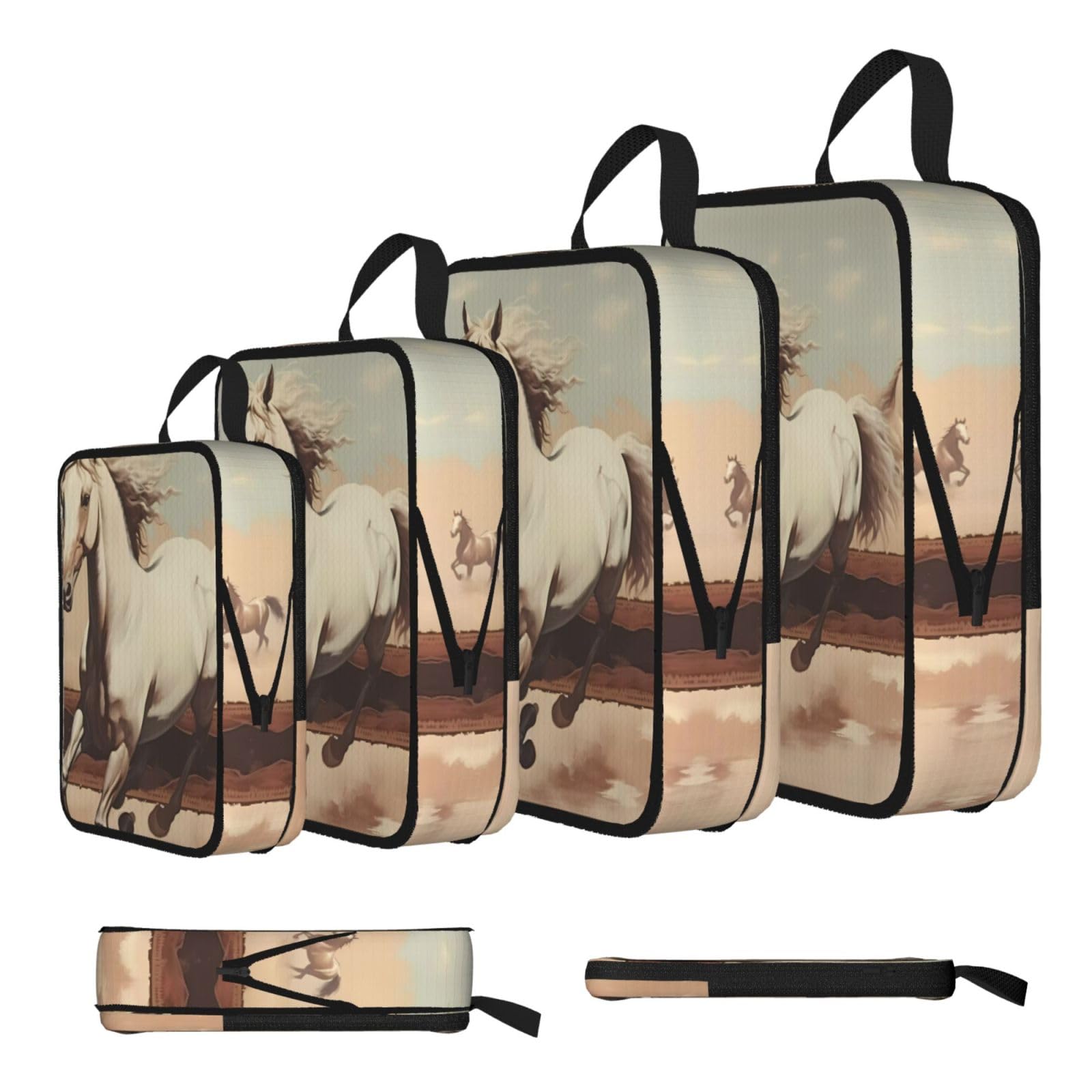 Sxzvvbn Black Prancing White Horse Compression Packing Cubes 4 Piece Set