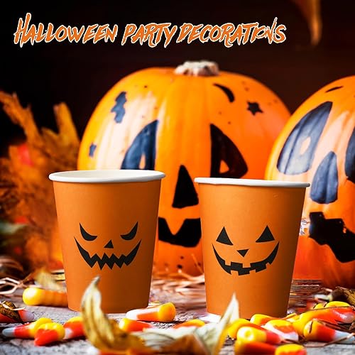 Miniatura 6 de Lallisa 100 vasos desechables de Halloween de 9 onzas, tazas de papel de calabaza naranja, tazas de café para café, agua, jugo, bebidas calientes y