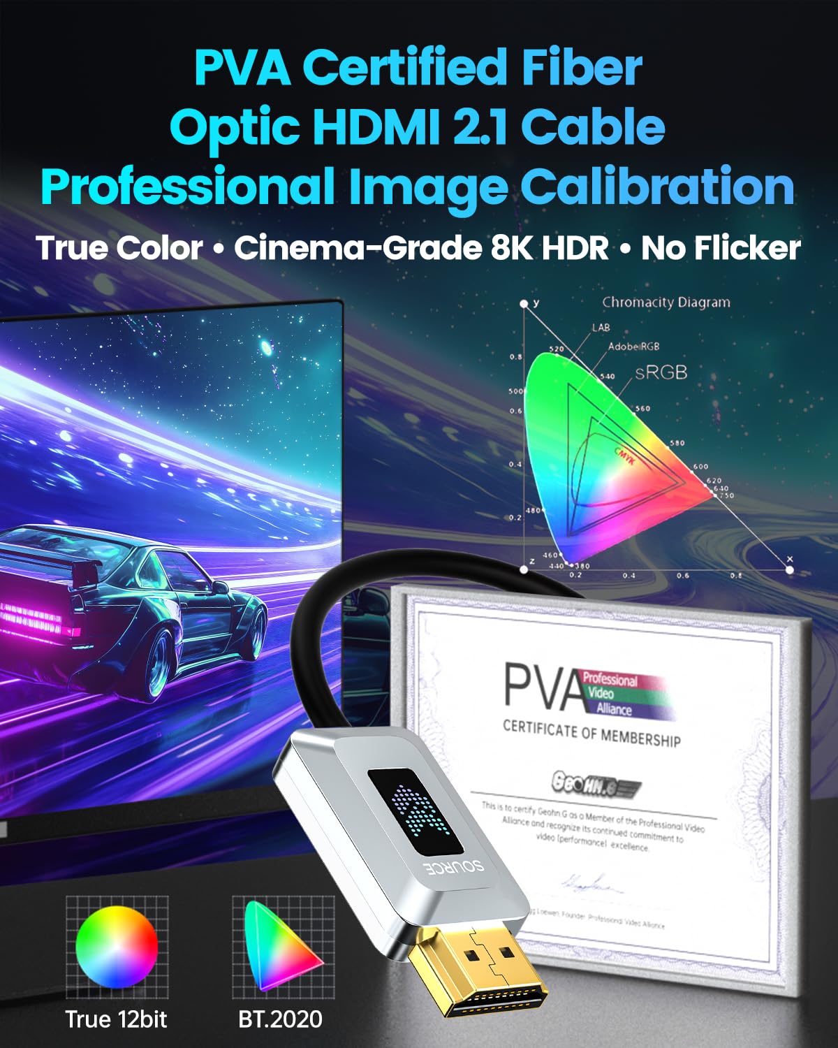 GeoHN.G Cavo in fibra ottica HDMI 8K 20M certificato 48Gbps Ultra High Speed HDMI 2.1 8K@60Hz 4K@120Hz dinamico/HDR10/eARC/HDCP 2.2&2.3/3D, compatibile con RTX3090/PS5/Roku TV/HDTV/Blu-ray
