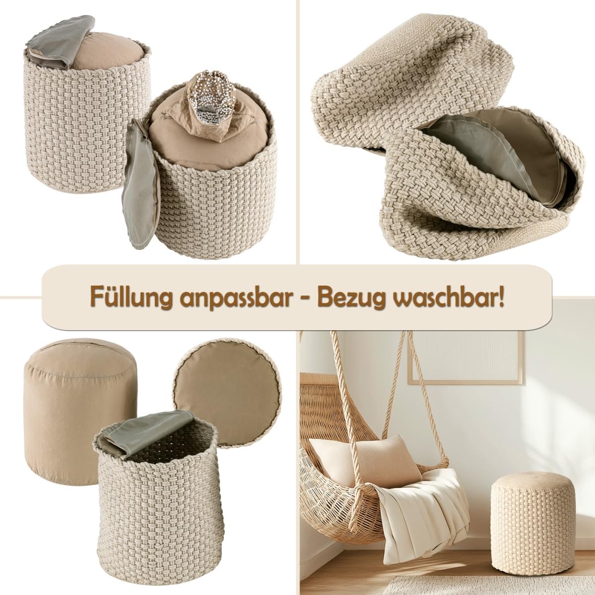 Hocker Sitzhocker Merino Pouf Indoor Outdoor ø40 H45cm Sitzpouf nachfüllbar Farbe beige - weiß