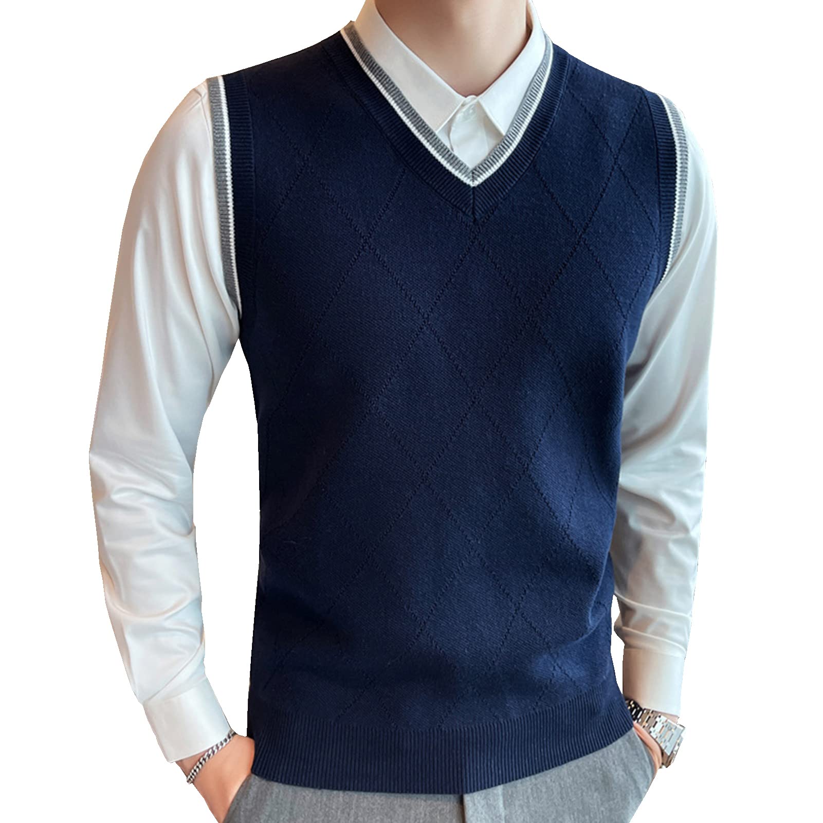 Mens V-Neck Gilets Sleeveless Jumper Vest Classic Business Knitwear Waistcoat Knitted Sweater Tank Tops Navy 4XL