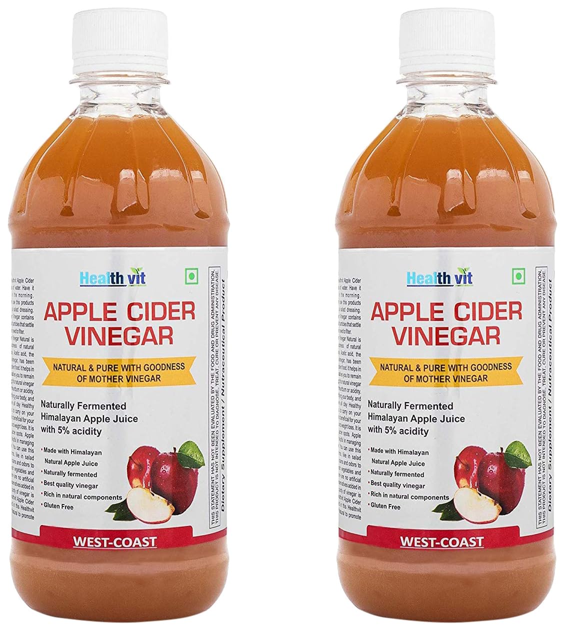 HealthVit Apple Cider Vinegar with Mother of Vinegar - Unfiltered, Organic, Weight Loss, Skin Health, Digestion, Energy Boost, Immunity - 500 ml (Pack of 2)