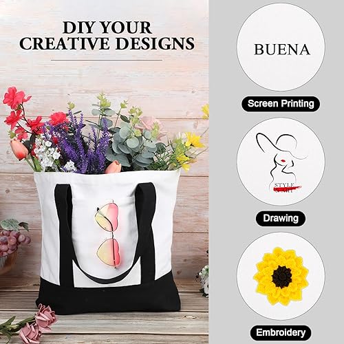 Miniatura 4 de Paquete de 10 bolsas de lona grandes con bolsillo para cocina, reutilizables, a granel, color negro y natural, bolsa de lona lisa para mujeres, para