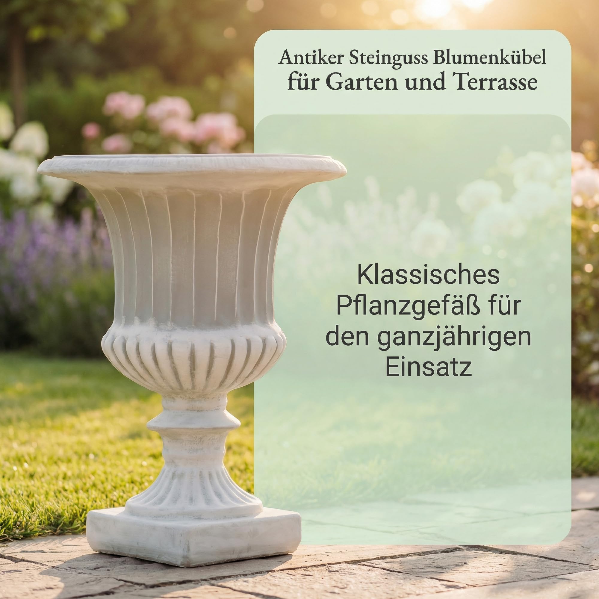 gartendekoparadies.de Blumenkübel aus Steinguss, 46 cm hohes Pflanzgefäß im antiken Look, 7 l, 16 kg, Grau, frostsicher für Außenbereich