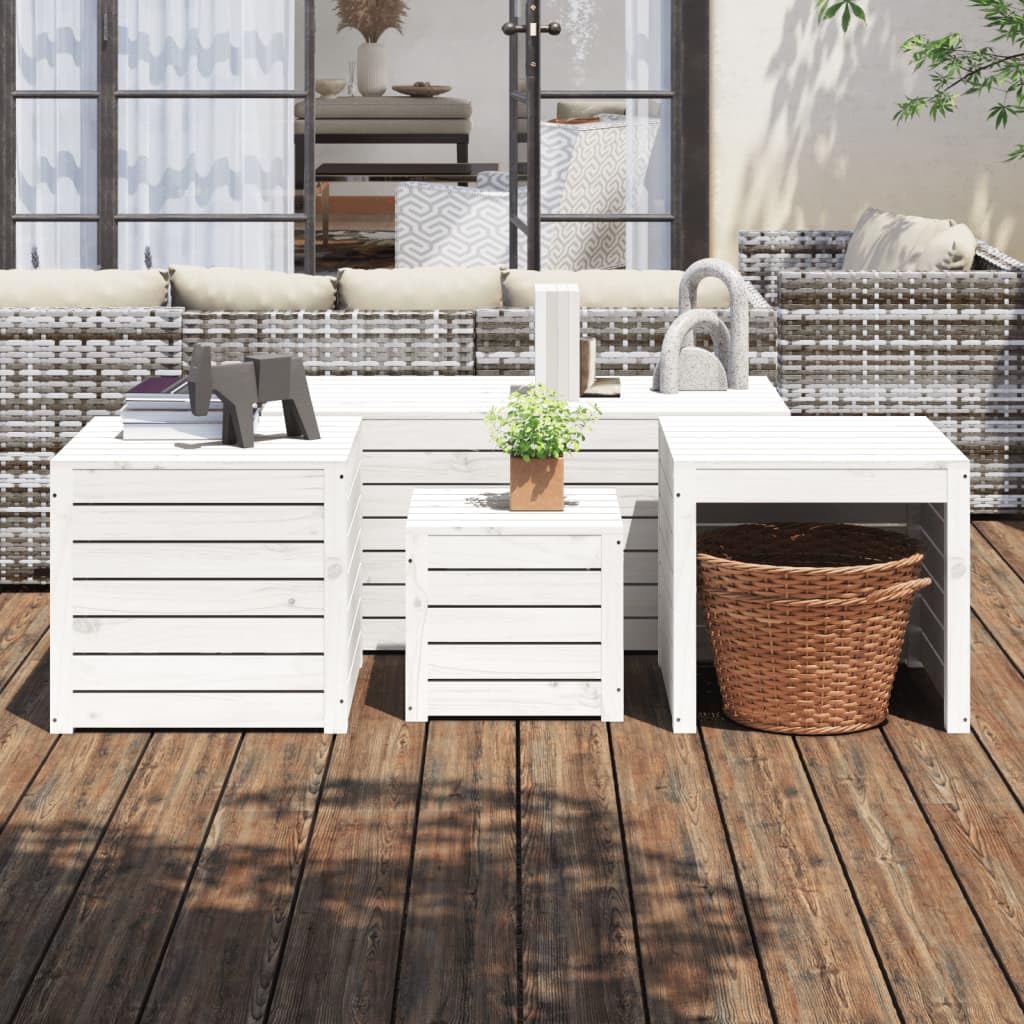 Juego de 4 cajas de jardín de madera de pino maciza, color blanco con tapa, mueble de terraza resistente para almacenamiento al aire libre, asiento o mesa, capacidad 110 kg