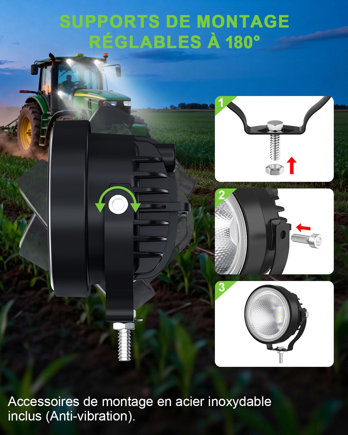 2 Pièces 60W Phares de Travail LED 4 Pouces Ronds, 12V 24V Longue Portée LED IP68 Étanche, Feux Auxiliaires pour Moto Tracteur, Engins de Construction, Camion, Excavatrice, Pulvérisateurs Agricoles