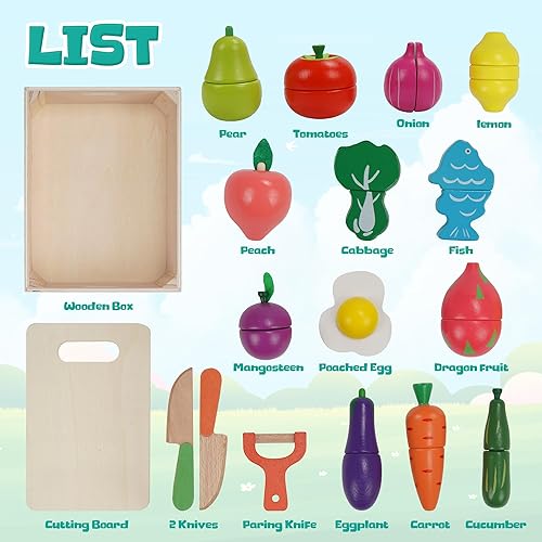 Miniatura 2 de Comida de madera para la cocina de los niños, 32 piezas de simulación de cortar frutas, verduras, juegos de juguetes de juego de alimentos, juguetes