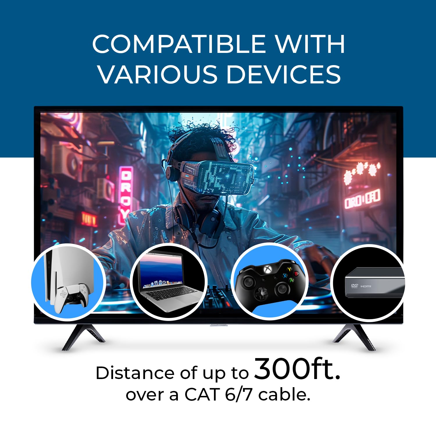 OREI Câble d'extension HDMI sur Ethernet 4K @ 120 Hz - HDBaseT UltraHD 8K @ 30 Hz CAT6/7 - Contrôle HDR, CEC et IR, RS-232 - 120 m avec câble d'alimentation et sortie