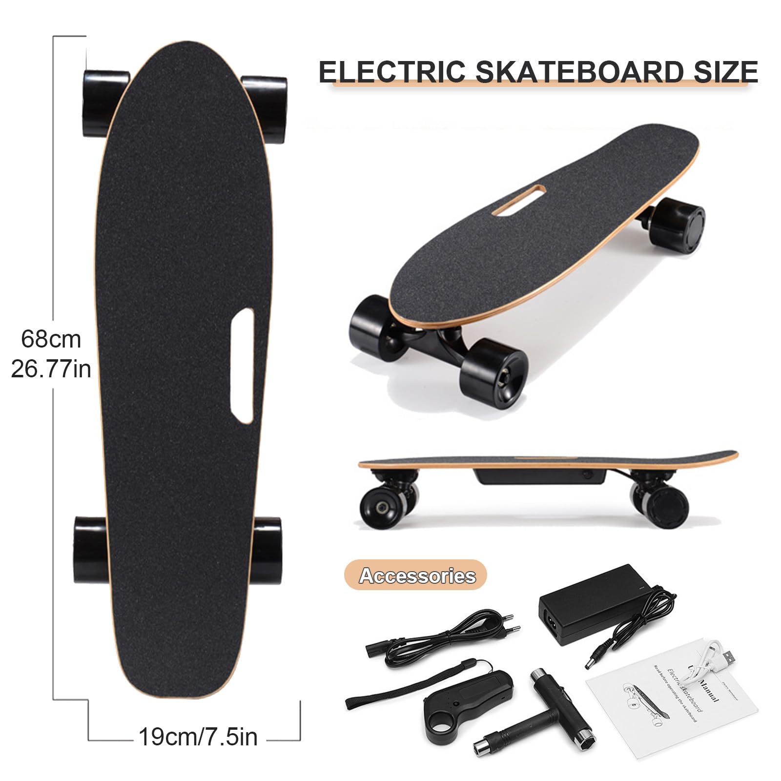 Skate elettrico per uso esterno, con motore 350W, 4 livelli di velocità, telecomando remoto, autonomia massima di 13 km, velocità fino a 22 km/h, costruzione in acero a 7 strati per durabilità