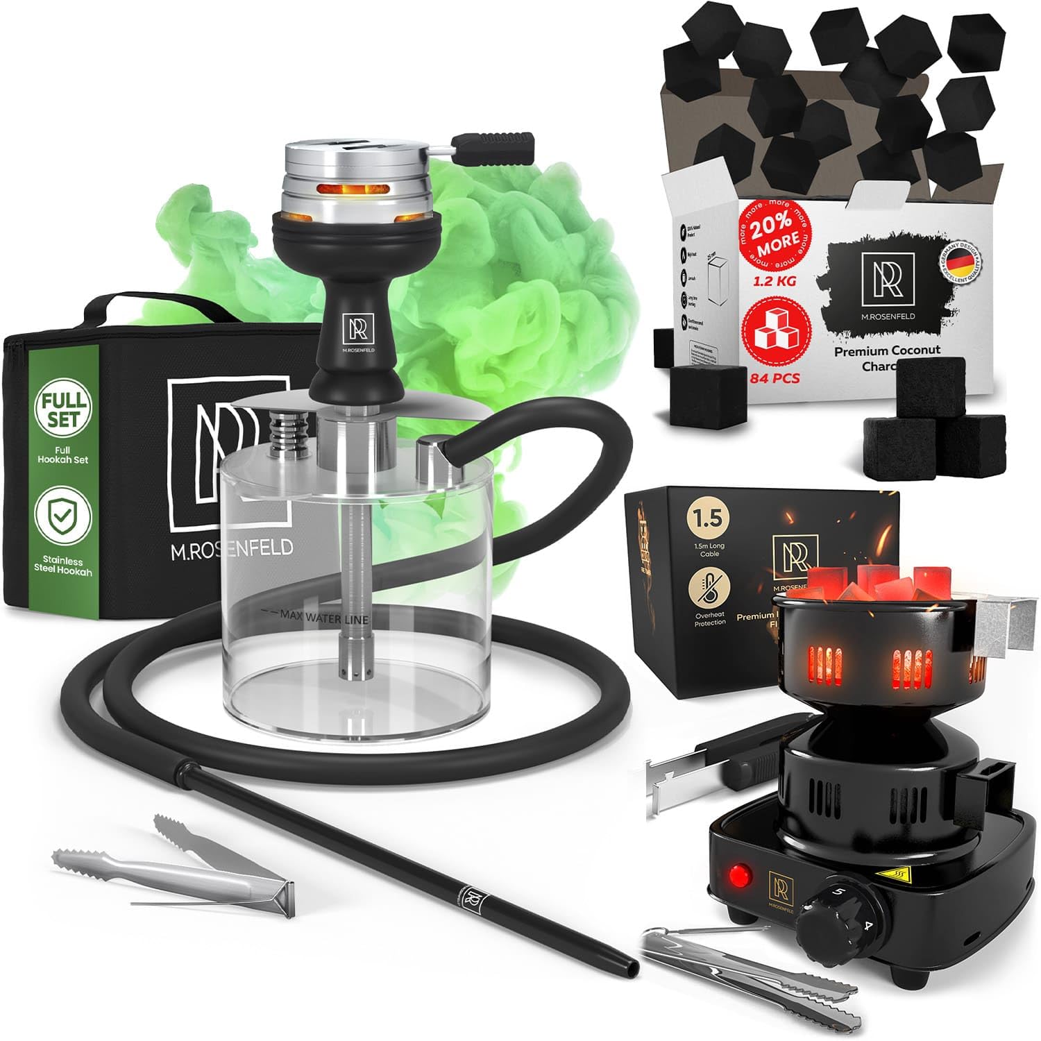 Portable Hookah Set with Everything - YADO - 84 pcs Hookah Charcoal Hookah Coals for Hookah - Hookah