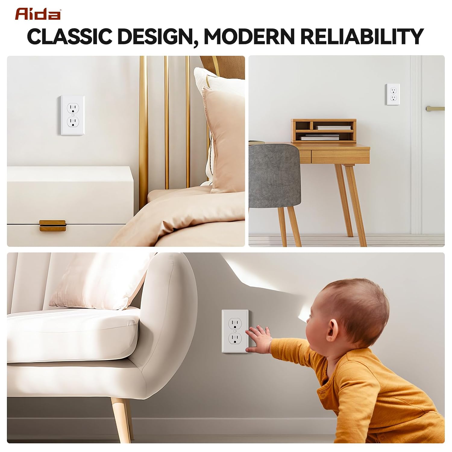 AIDA 10 Pack White Standard Duplex Electrical Wall Receptacle Outlet, 15A 125V, 2 Pole 3 Wire, Tamper Resistant, NEMA 5-15R, Self-Grounding, Wall Plate Included, UL Listed