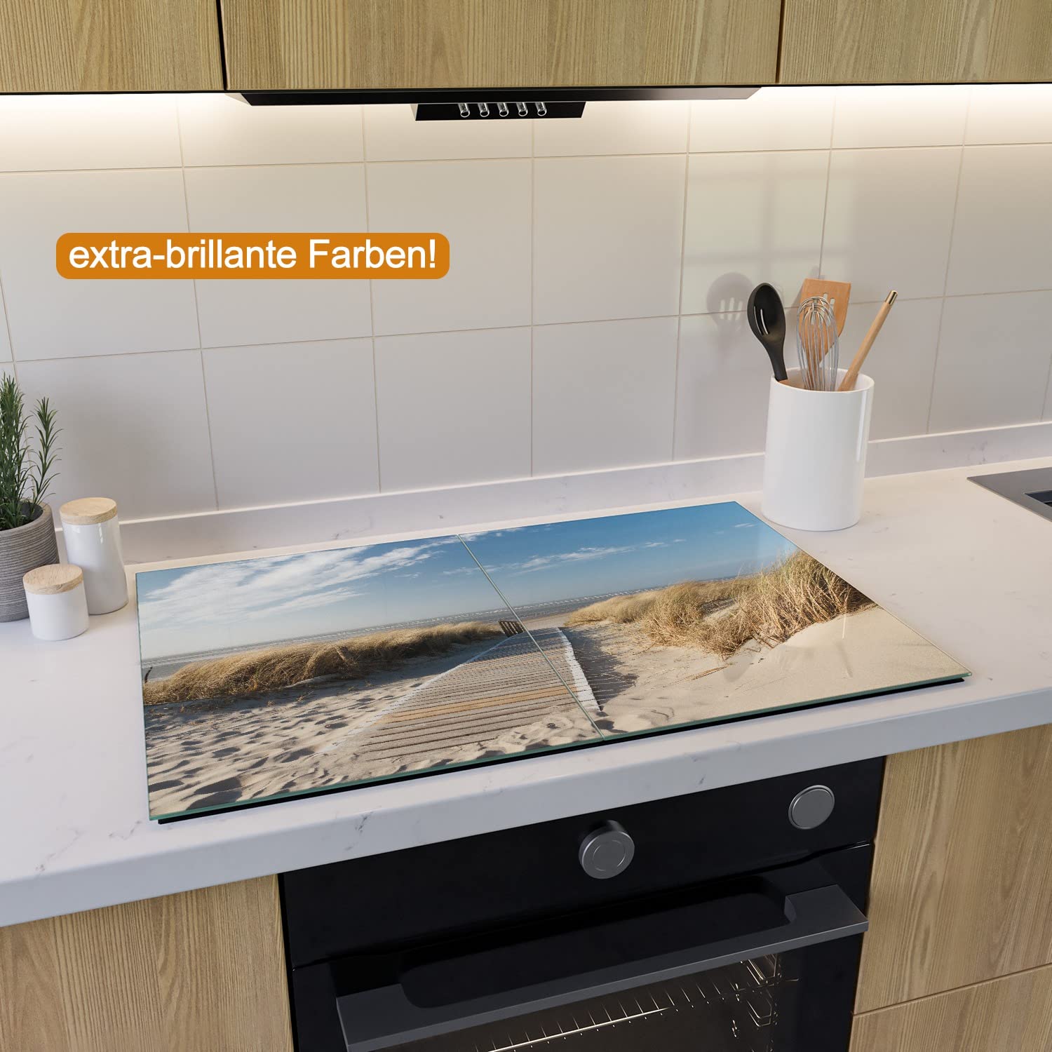 Wallario Herdabdeckplatte/Spritzschutz aus Glas, 2-teilig, 80x52cm, für Ceran- und Induktionsherde, Auf dem Holzweg zum Strand