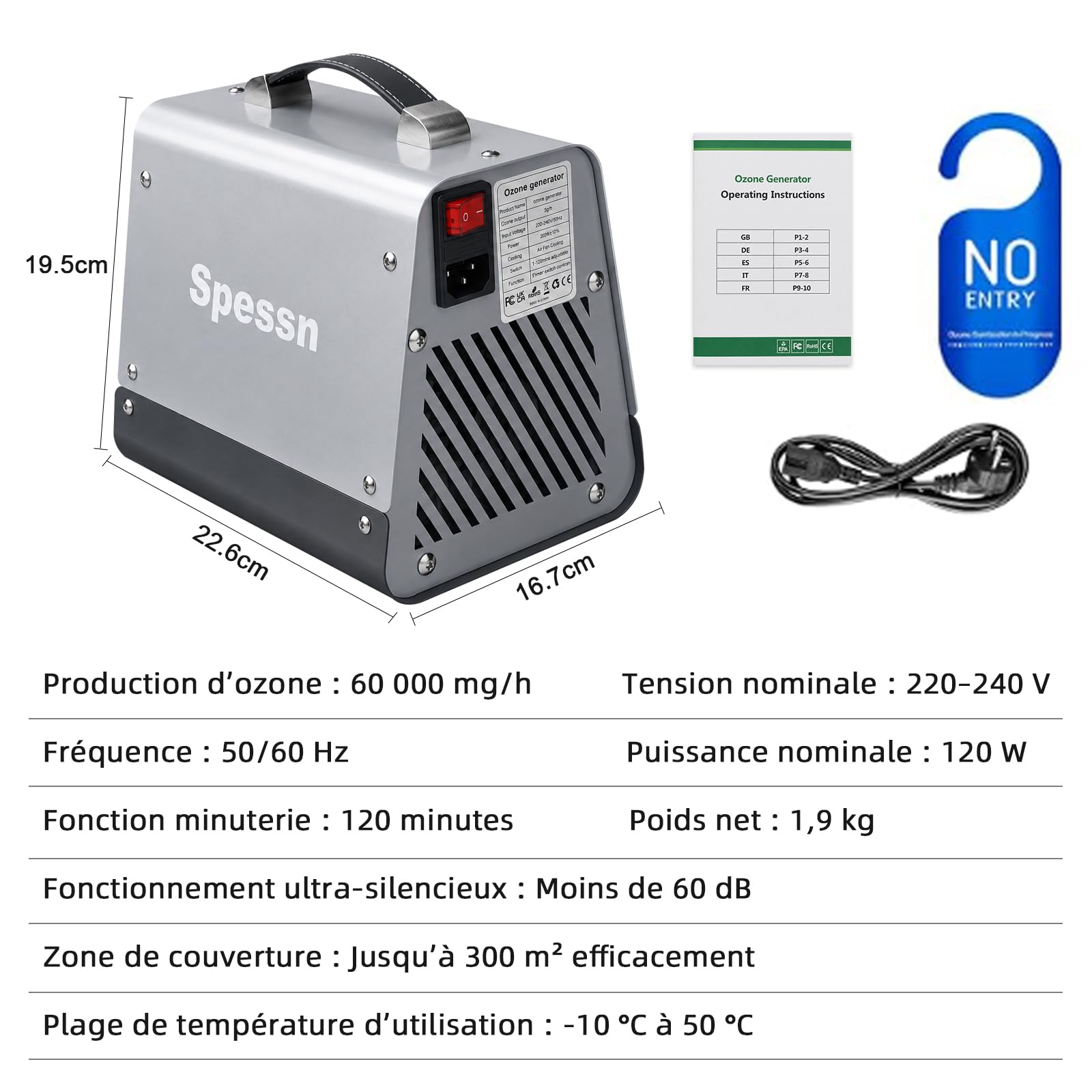 Générateur d’Ozone 60000 mg/h, jusqu’à 300 m²