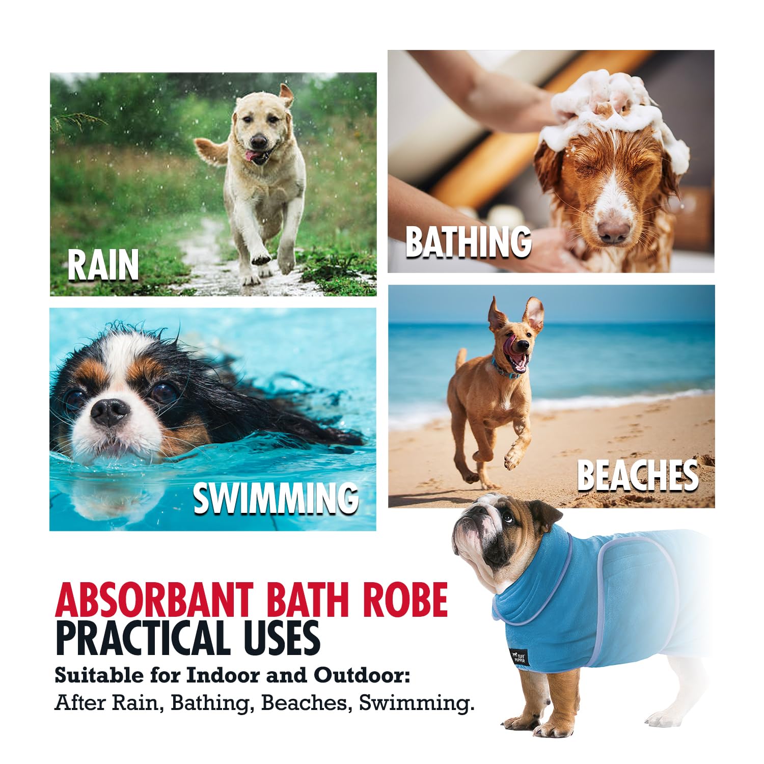 Tuff Pupper Bata de baño de secado rápido para perro, toalla de felpa de 800 g/m², bata de baño súper absorbente para mascotas/cachorros, capucha ajustable y correa para el vientre, súper suave,