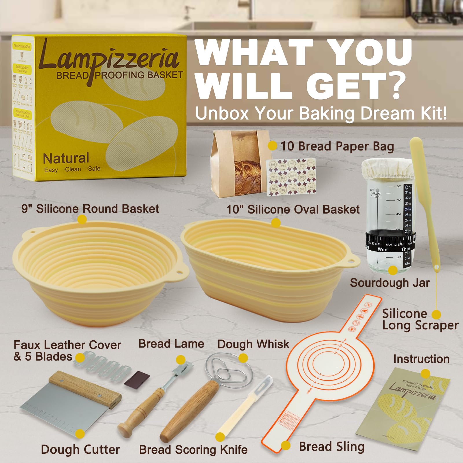 D'ita Gärkörbchen-Set aus Silikon, rund und oval, zusammenklappbar, mit Werkzeugen (antihaftbeschichtet, leicht zu reinigen), komplettes Back-Geschenk-Set, Brotgärung für Hobbybäcker